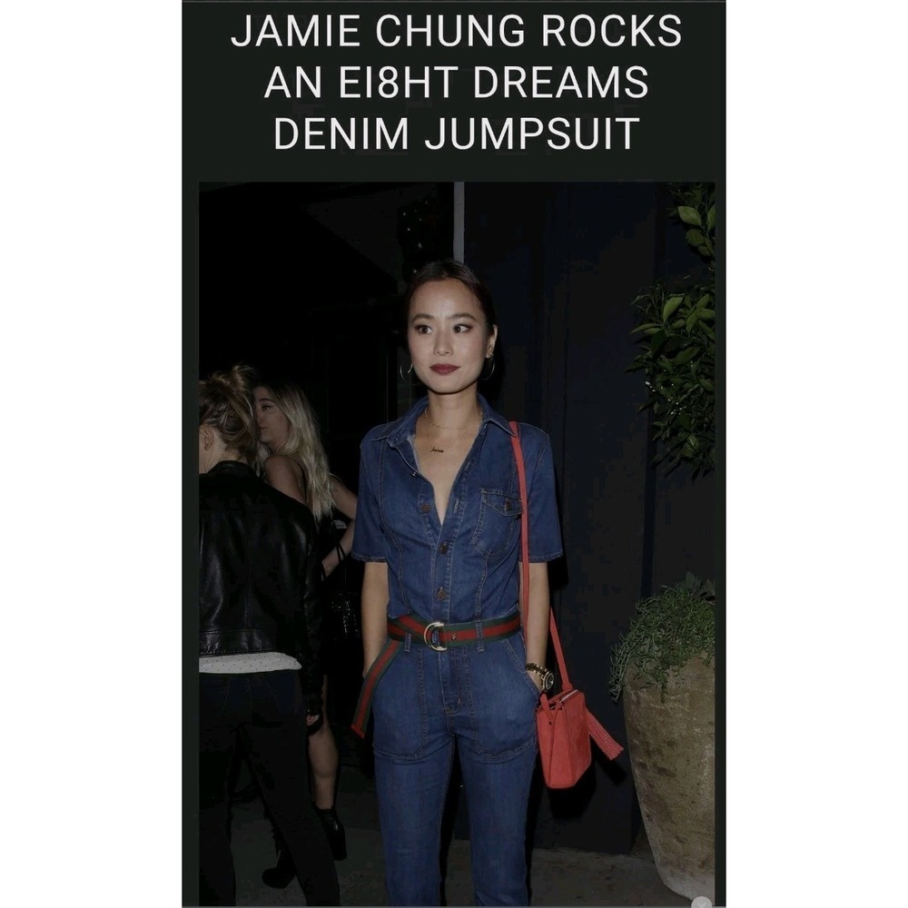 Ei8ht Dreams Denim Jumpsuit Jamie Chung Flare Leg Small Blue Stretch Button Up